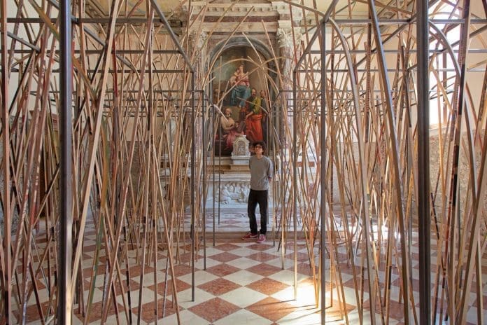 'Undo Things Done' (installation view), Santa Maria Ausiliatrice, Venice 2019. Courtesy Sean Edwards and Tanya Leighton, Berlin. Image Jamie Woodley