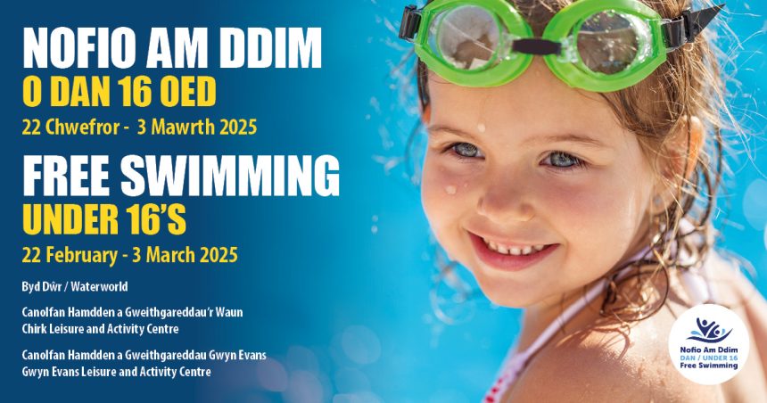 Waterworld 
Dydd Mercher / Wednesday 12:00-13:00
Dydd Sadwrn / Saturday 15:00-16:00 
Dydd Gwener / Friday 13:00-14:00 (Nofio i'r Teulu/Family Swim) 
Gwyn Evans
Dydd Mawrth / Tuesday 14:00-15:00
Dydd Sul / Sunday 13:00-14:00
Dydd Iau / Thursday 14:00-15:00 (Nofio i'r Teulu/Family Swim) 
Chirk
Dydd Sul / Sunday 13:00-14:00
Dydd Llun / Monday 11:00-12:00 (Offer Gwynt/Inflatable)
Dydd Gwener / Friday 13:00-14:00 (Nofio i'r Teulu, Fflotiau a Rafftiau/Family Swim, Floats and Rafts)