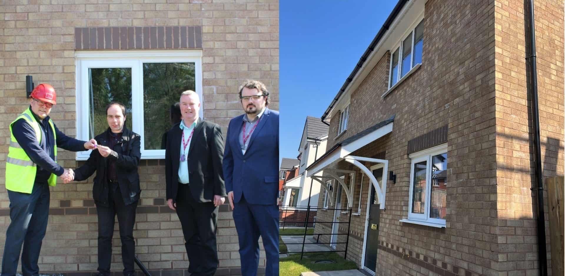 ON the left of the image is the Managing Director of Gower Homes, to his right is Councillor Paul Blackwell, and then two Housing Officers. This Image is a collage image, so at the right of the image inclyde a photograph of the exterior of the home that the article is referring to