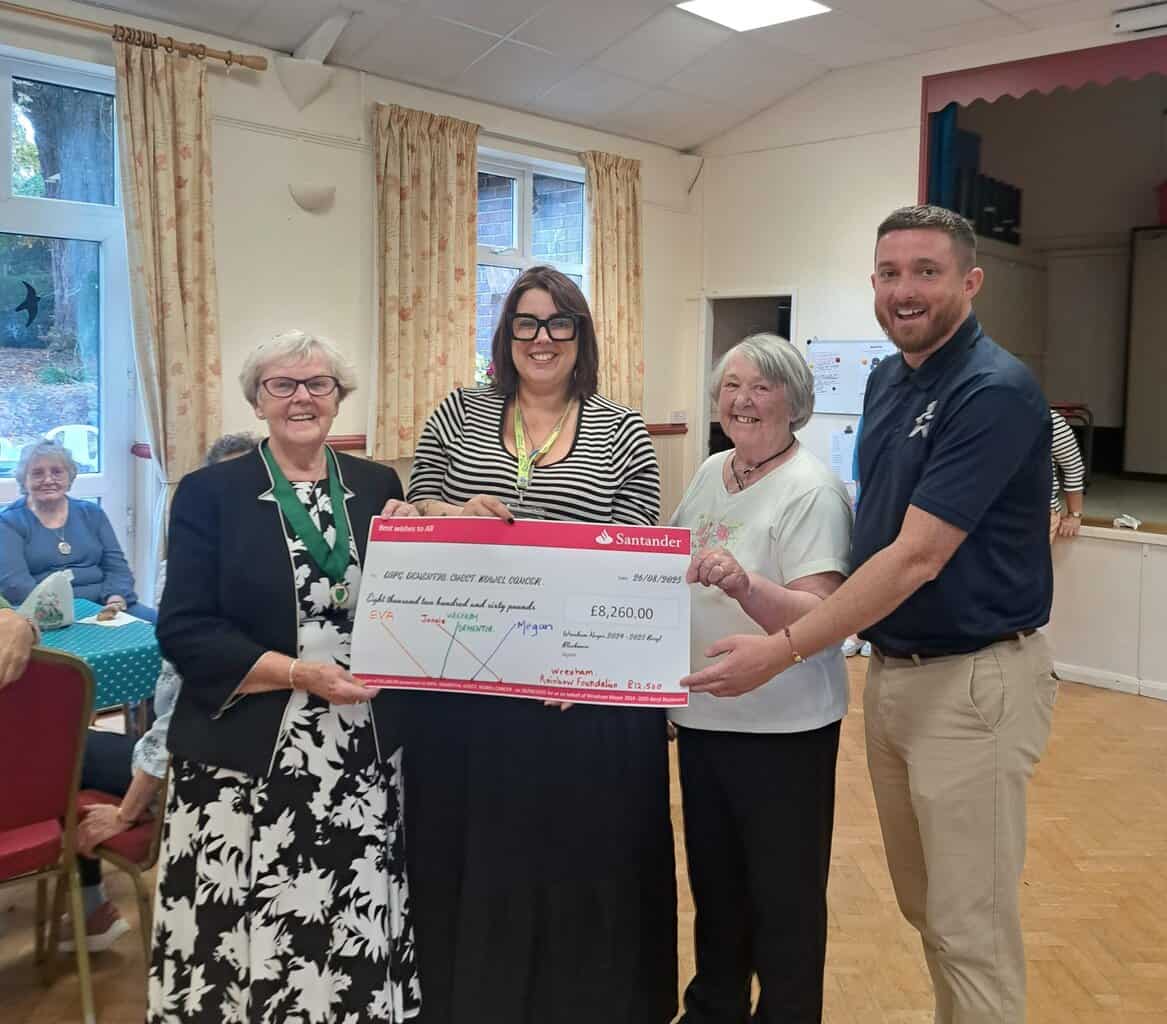 R- L: Former Mayor Cllr Beryl Blackmore; Heather Collin chair of Dementia Friendly Wrexham; former Mayor's Consort Dorothy Lloyd; and Michael Locke Wales fundraising manager Bowel Cancer UK
