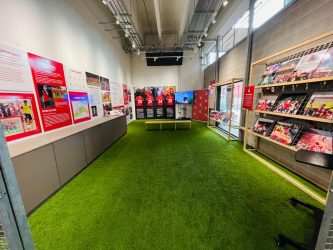 Wide shot of Wrexham AFC exhibition in the gallery space at ty pawb