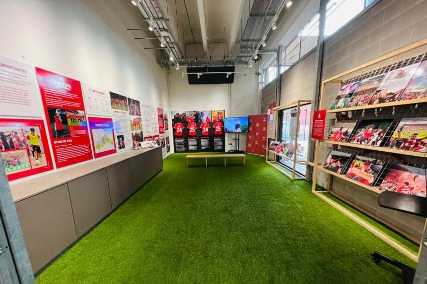 Wide shot of Wrexham AFC exhibition in the gallery space at ty pawb