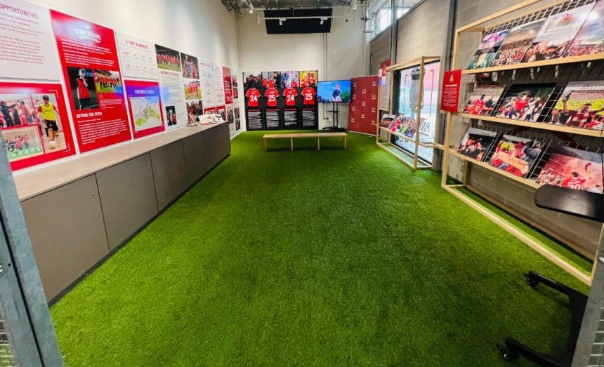 Wide shot of Wrexham AFC exhibition in the gallery space at ty pawb