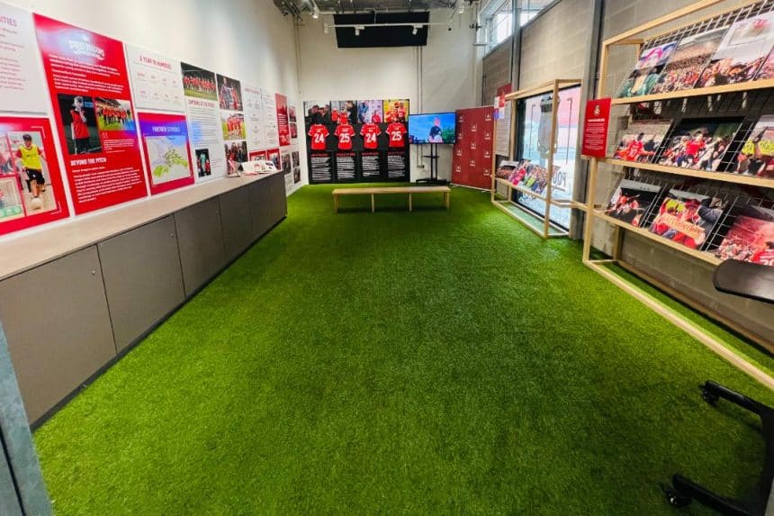 Wide shot of Wrexham AFC exhibition in the gallery space at ty pawb