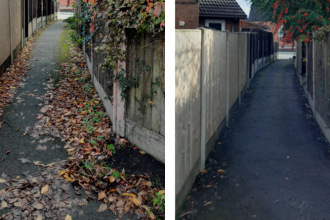 cyn ac ar ôl llwybr yr ystâd