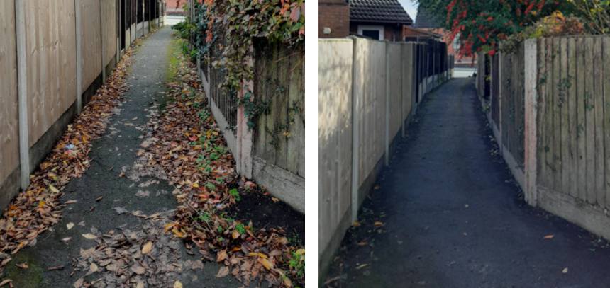 cyn ac ar ôl llwybr yr ystâd