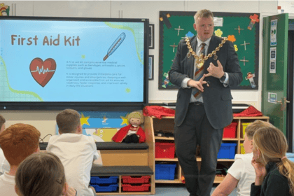 Mayor delivering first aid training to the pupils of St Paul's school
