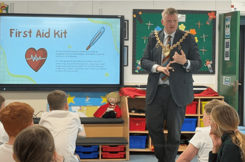 Mayor delivering first aid training to the pupils of St Paul's school